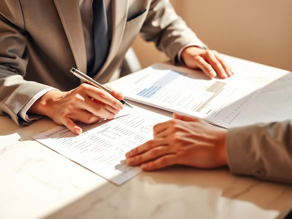 Assessor e cliente analisando relatórios financeiros sobre mesa de mármore